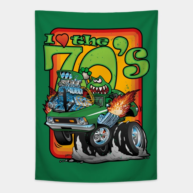 I Love the Seventies Classic Funny Car Cartoon Tapestry by hobrath