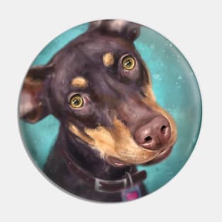 Painting of a Cute Brown an Gold Doberman Pinscher Puppy on Blue Green Background Pin