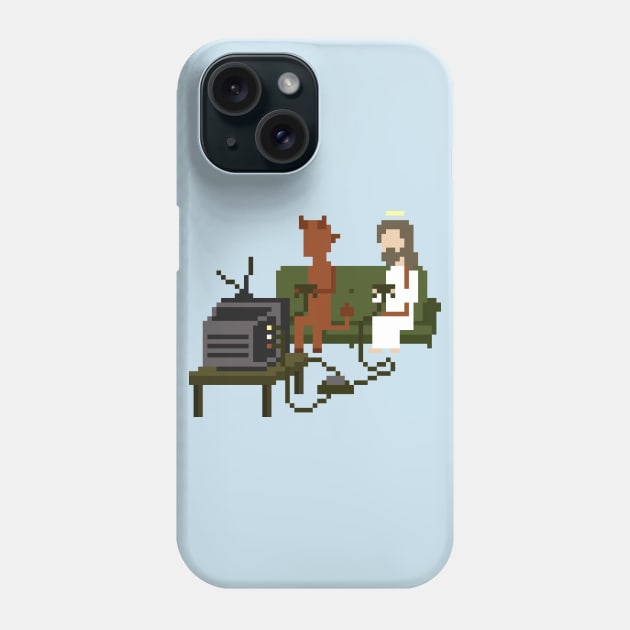 Jesus and Devil Playing Video Games Pixel Art Phone Case by obinsun