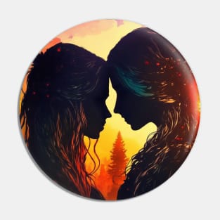 Cute lesbian couple with sunset background Pin