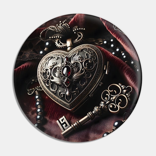 Gothic Valentine Heart Locket and Key Pin by OddHouse