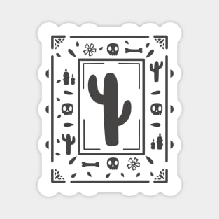 Día De Los Muertos - black skull - cactus - white - Papel Picado Magnet