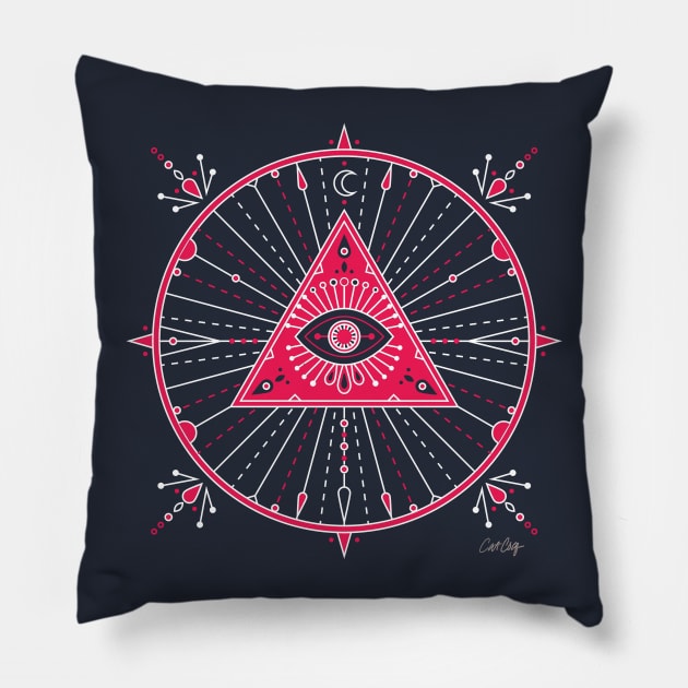 Pink Evil Eye Mandala Pillow by CatCoq