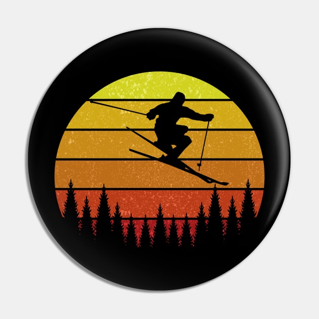 Skiing Gift For Skiers Retro Vintage Sunset Pin by Drawab Designs