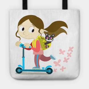 girl on a scooter with a backpack on her back Tote