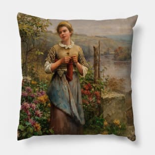 Young Woman Knitting by Daniel Ridgway Knight Pillow