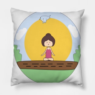 kawaii yoga girl meditating on a tree branch in the nature Pillow