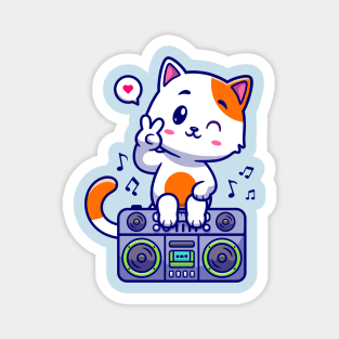 Cute Cat Sitting On Boombox Radio Cartoon Magnet