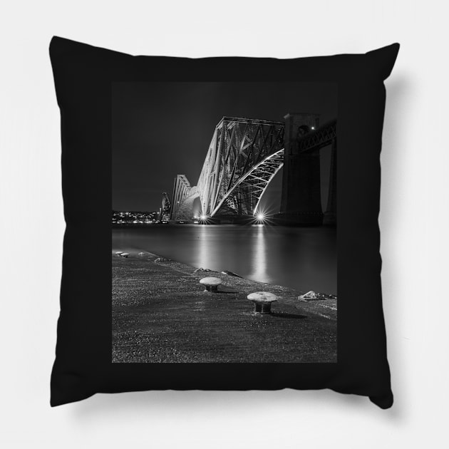 The Forth Bridge at night in Black and White Pillow by TMcG72