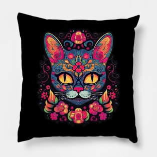 Teal Dreams Sugar Skull Cat Pillow