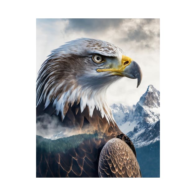 Snowy Summit Soar: Eagle Double Exposure with Mountain Majesty by MBSCREATIVES