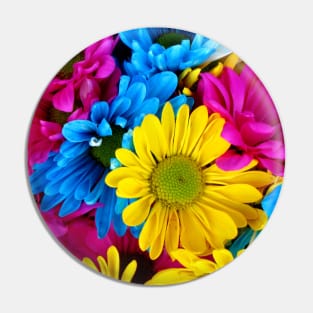 Colorful Flowers, Daisies - Blue Yellow Pink Pin