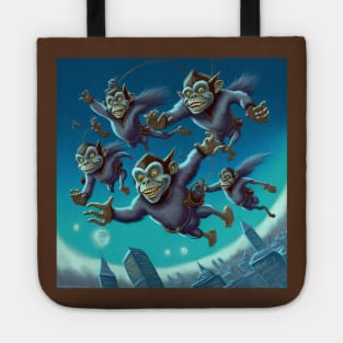 Flying monkeys dressed in blue and soaring over the city. Tote