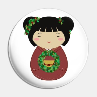 Kokeshi Christmas Wreath Pin