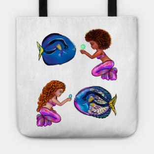 Best fishing gifts for fish lovers 2022. anime mermaid with blue tang fish and bubbles. Pretty black  and white girls with Afro hair, green eyes, Cherry pink lips and dark brown skin. Hair love ! Tote