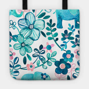 Dusty Pink, White and Teal Elephant and Floral Watercolor Pattern Tote