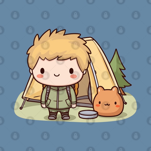 Kawaii camper boy with a tent and his cute friend by Mon Kawaii Lab