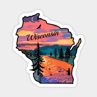 Wisconsin State Map Mountain Sunset River Retro Magnet