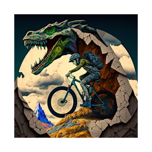 Interesting abstract cartoon mountain biker riding with a dinosaur? T-Shirt