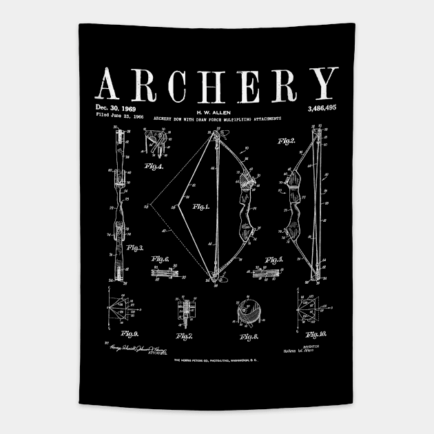 Archery Compound Bow Old Vintage Patent Drawing Print WHITE Tapestry by Grandeduc