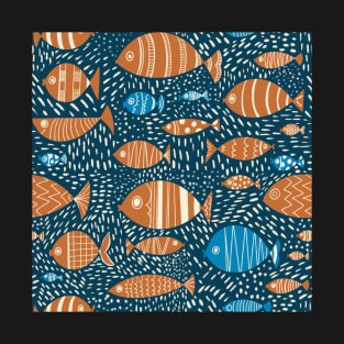 Blue and Orange Fish in the Sea Repeat Pattern T-Shirt