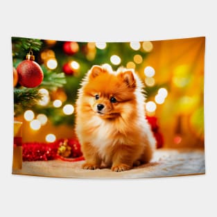 Cute Pomeranian Puppy Dog at Christmas Tapestry