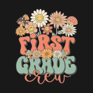 First Grade Crew Retro Groovy Daisy Back To School Funny Teacher Girls T-Shirt