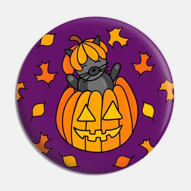 Cartoon Halloween Cat in Jack o Lantern Pumpkin with Fall Leaves on a Purple Backdrop, made by EndlessEmporium Pin by EndlessEmporium