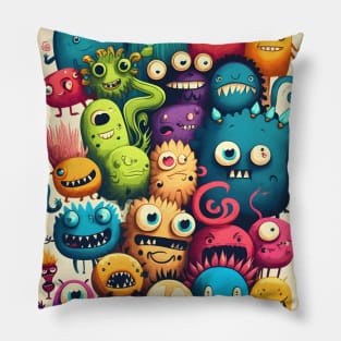 Colorful and Funny Monsters in Neon Watercolor Doodle Art Style Pillow
