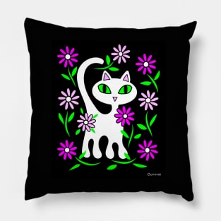 White Cat in Flower Garden Pillow