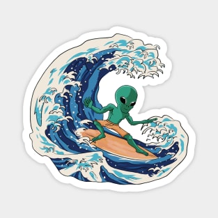 Martian Alien Surfing on a Great Wave // Funny Japanese Style Illustration Magnet