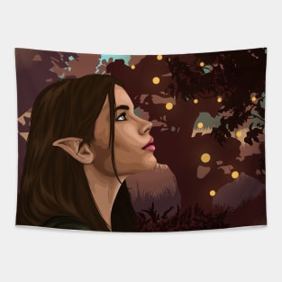 Portrait of a beautiful elf girl with landscape Tapestry