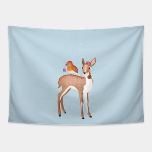 Deer and bird and snowflakes and Christmas gift Tapestry