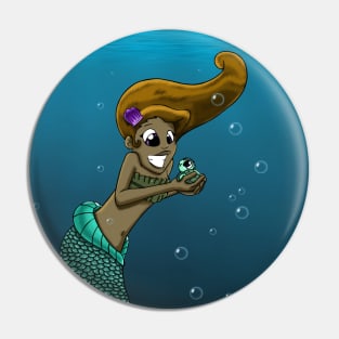 African American Mermaid and Sea Turtle Friend Pin