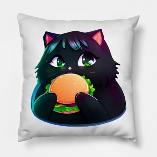 Black Fat cat eating burger Pillow