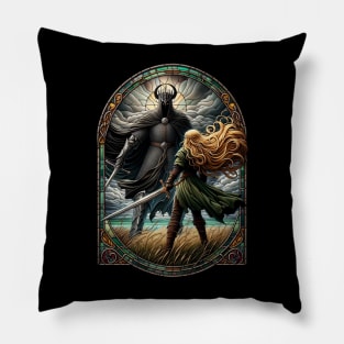 Epic Duel in Stained Glass - A Fierce Maiden and a Dark Wraith - Fantasy Pillow