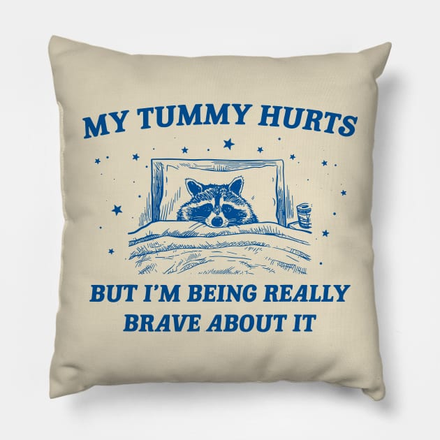 My Tummy Hurts Funny Raccoon Retro Cartoon Meme Old Cartoon Pillow by KC Crafts & Creations