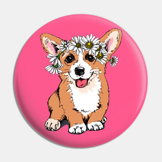 Cute Funny Corgi With Flowers on Head Artwork Pin by Artistic muss