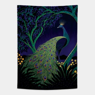 Beautiful Peacock in a Glowing Tree Tapestry