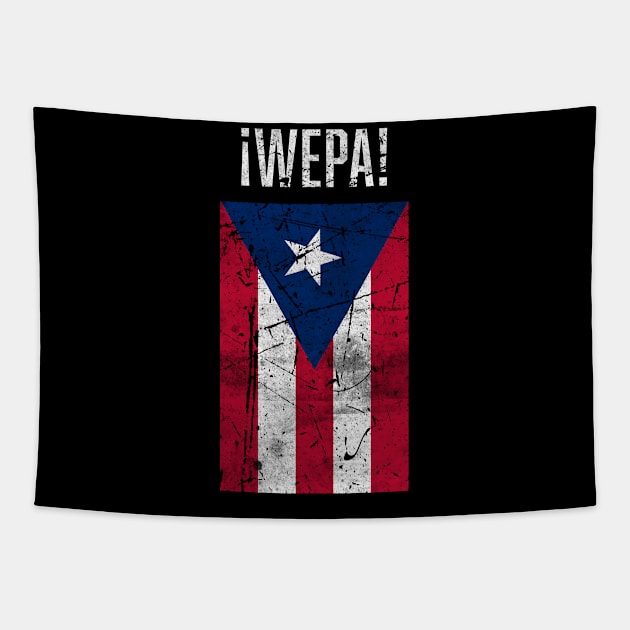 ¡Wepa! Boricuas Puertorriqueña Distressed Vintage Puerto Rican Flag bandera de Puerto Rico Tapestry by Ray Wellman Art