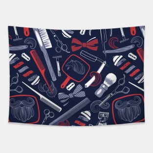 Shear shave shine // pattern // midnight blue background red white and blue vintage barber shop tools Tapestry