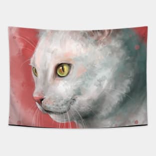 Painting of a Gorgeous White Cat on Peach Shade Background Tapestry