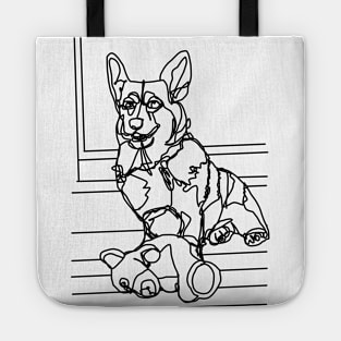 Dog Art Toy Bear and his Corgi Line Drawing Tote