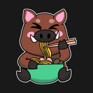 Anime Kawaii Ramen Eating Wild Boar Japanese Noodles T-Shirt