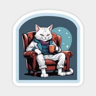 White Cat Lounging with Hot Chocolate Magnet