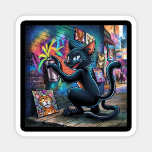 Sleek Black Cat Sprays Graffiti on Wall Magnet