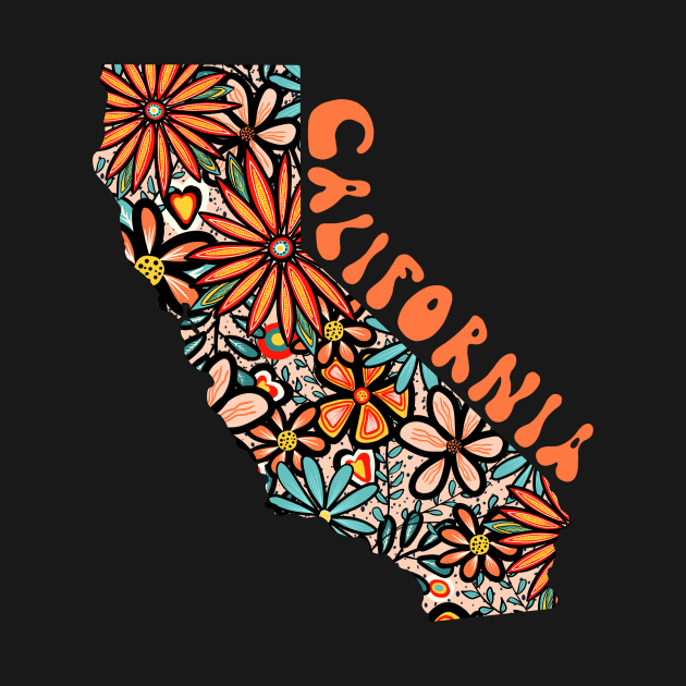 California State Design | Artist Designed Illustration Featuring California State Outline Filled With Retro Flowers with Retro Hand-Lettering by MarcyBrennanArt