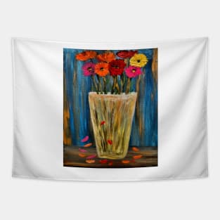 A contemporary painting of some poppies in a metallic gold and silver vase . Tapestry