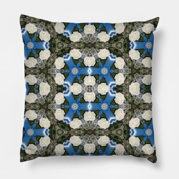 White Roses Baby's Breath Blue Satin Ribbons Mandala Kaleidoscope Abstract Pillow by Artist4God