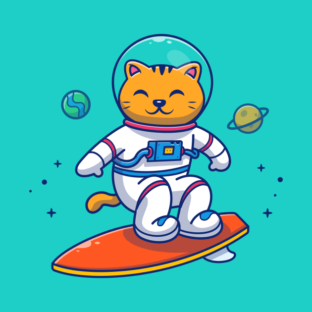 Cute Cat Astronaut Surfing In Space Cartoon by Catalyst Labs